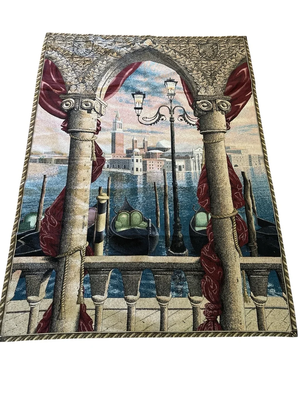 Venetian Gondola Scene Wall Tapestry - Red, Blue, Cream